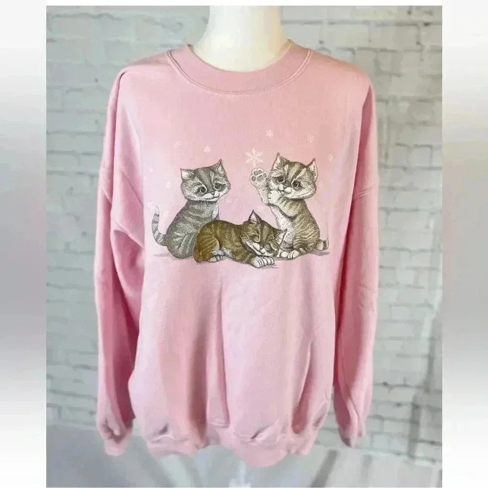 Cute Pink Kitty‎ Cats Crewneck Sweatshirt Fleece Woman’s XL Gildan Oversized Vtg